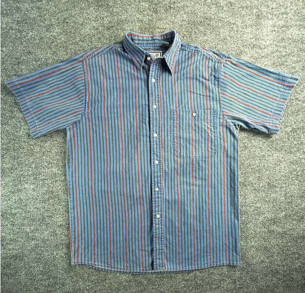 Y2k Pause Men's Medium Striped Button Up Shirt Blue Orange Cotton Short Sleeve